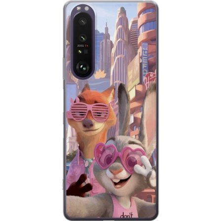 Yhteensopiva Puhelinkuori Sony Sony Xperia 1 III Animoituja eläimiä aurinkoisessa kaupunkiympäristössä, joilla on pinkit aurinkolasit ja positiiv