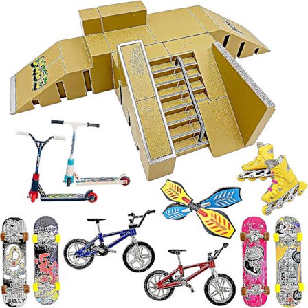 STASHABLES Finger Skateboard Ramp Sæt Finger Skatepark Kit 16 Dele Skate Park Kit Inkluderer Skateboards, Ramper, Scootere, Skøjter, Cykler og Caster