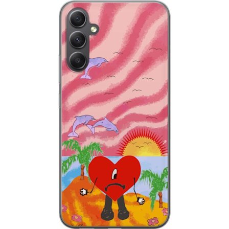 Kompatibelt Mobildeksel til Samsung Galaxy A25 Bad Bunny i en fargerik quiltet jakke med hjertemønster og solbriller i moderne gatestil