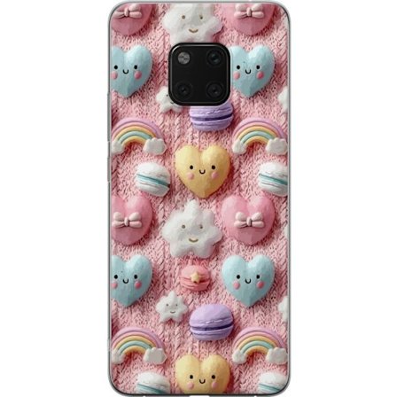 Yhteensopiva Puhelinkuori Huawei Mate 20 Pro Pastellimotiiivi sydämillä, pilvillä, sateenkaarilla ja makaronseilla vaaleanpunaisella taustalla suloise