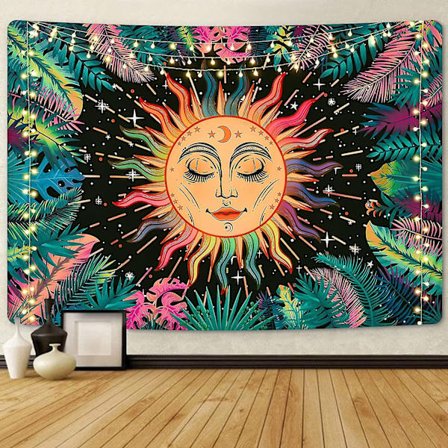 Seinävaate 150 x 130 cm Psykeedeelinen Aurinkokuvioinen Seinävaate Kasvien Lehtien Kuu- ja Tähtikuvioinen Seinävaate Mystiset Fraktalikasvot 