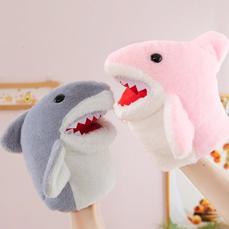 Haihånddukke med bevegelige munner for taleterapi, sosial-emosjonell læring og dramatisk lek, Mini Hai tidlig pedagogiske leker (Grå+Rosa)