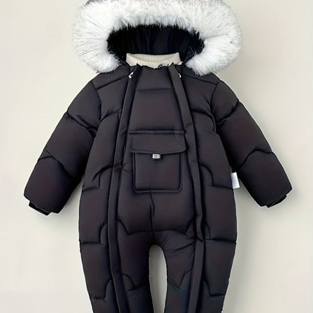 Spædbarns sneoverall med pels krave til drenge og piger, med et stilfuldt design i tilfældige kombinationer af og creme farver.