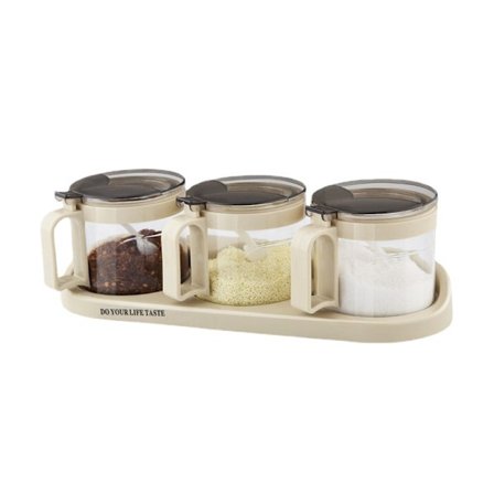 Sett med 3 beige glasskrukker - 3 serveringsskjeer