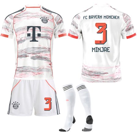 25-26 FC Bayern München Bortatröja NO.3 MINJAE Set Barn Vuxen Fotbollsutrustning med Strumpor