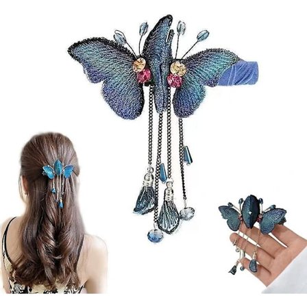GHYT Temperament Butterfly Rhinestone Tassel Hair Clip, Fantasy Tassel Butterfly Exquisite Hairpin, Retro Elegant Metal Tassel Long Hair Clip, Tassel