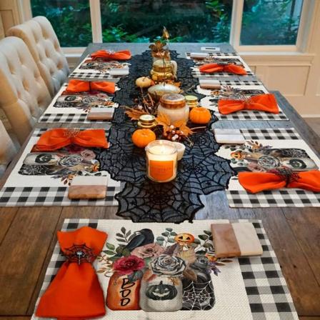 Halloween-koristeet Kukkakruunu Boo Buffalo Plaid -paikka-alustat 4 kpl Juhlat Sisustus Maalaismainen Vintage Pesu- ja Pöytäliinat