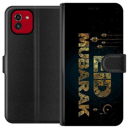 Kompatibel Tegnebogsetui til Samsung Galaxy A03 Gyldent Ramadan-motiv med dekorativ typografi, lanterner, halvmåne og stjerner på en mørk baggrund