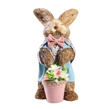 Håndlaget Påske Halm Kanin Ornament med Blomsterkurv Stående Kanin for Å