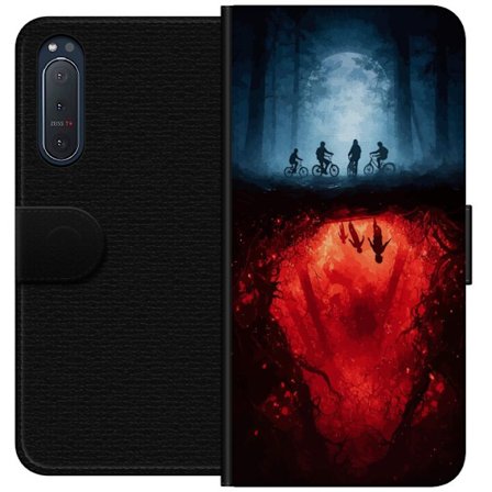 Kompatibelt Plånboksfodral till Sony Sony Xperia 5 II Biohazard-symbol i svart med slitna färgstänk på röd trätextur, rå industriell design med