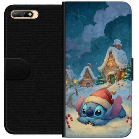 Huawei Y6 (2018) Lompakkokotelo Stitch taljassa joulupukin hattu päässään lumipeitteisessä kylässä, unelmaisella talvityylillä täydellinen tu