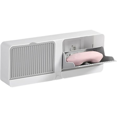 1 stk. Støvtett såpeholder for dusjvegg, selvklebende veggmontert såpeskål, plastisk såpebeskytter uten boring med drenering, hvit-grå