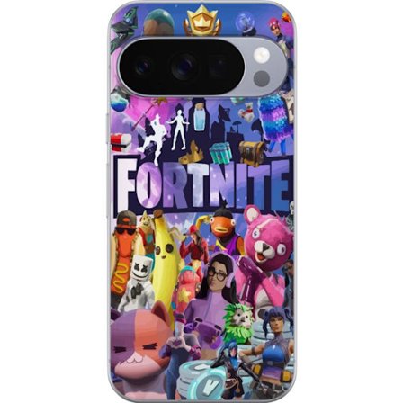 Google Pixel 10 Pro XL Gjennomsiktig deksel Fylt med populære skins, våpen, llama, Victory Royale-symboler og fargerike detaljer fra spillets univer