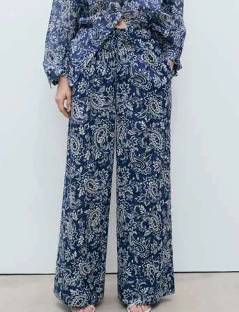 Mango Printed Cotton Trousers - Navy - XS