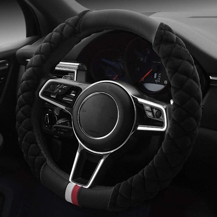 Rat i imiteret pels til rat, vintervarm, passer til de fleste biler, 38 cm, interiørtilbehør (sort)