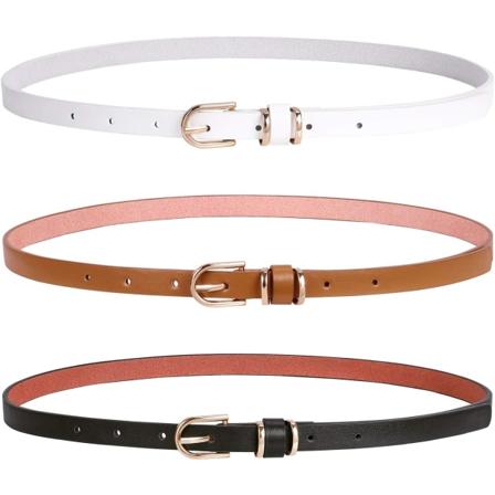 3-pakning kvinners tynne PU-skinnbelte for kjolejeans - tynt midjebelte med gulllegeringsspenne (svart+brun+hvit, lengde 39,4 tommer, passer for 