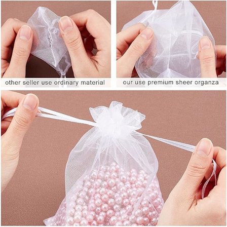 100 stk hvide (17x23cm) Organzaposer, ORGANZA gavepose med bånd,