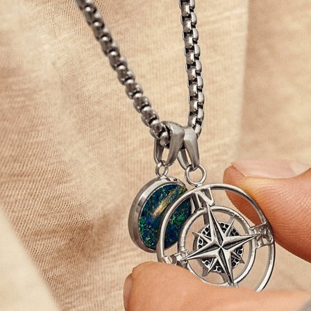 Atlas | Silver-tone Compass and Azurmalachite Pendant Necklace for Men - Steel necklaces