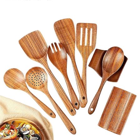 9 stk. naturlige treskjeer for matlaging, kjøkkenredskaper i tre for matlaging med redskapsholder, kjøkkenredskapssett i teak