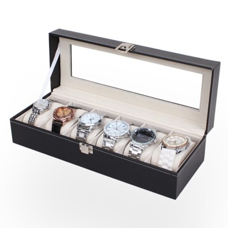 Watchbox Urkasse til 6 ure - Sort med hvid syning