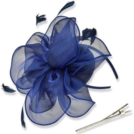 Organza Blomst Fascinator Hat Marineblå Mesh Fjer Te Selskab Hårbøjle Klips Til Kvinder Bryllup Cocktail Tilbehør (FMY)