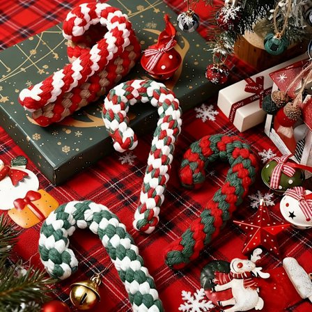 4 stk. sæt | Jule reb legetøj med slikstok design, egnet til hunde i alle størrelser