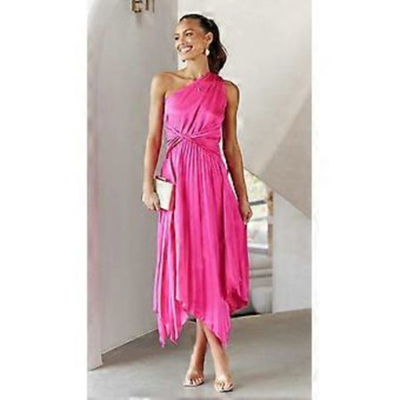 Chic Satin En Skulder Party Midi Kjole Kvinder Sexet Ærmeløs Irregulær Plisseret Aften Lang Kjole Luksus Robe