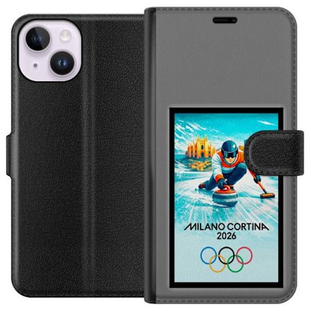Kompatibelt Lommeboketui til Apple iPhone 14 Ishockeyillustrasjon med spillere i bevegelse på isen, Milano Cortina 2026, Milan-landemerker og olympisk