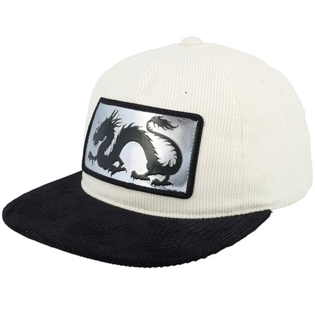 Iconic - Chinese Dragon Silver Patch Ivory/Black Corduroy Snapback Snapback White Cap - @ Hatstore