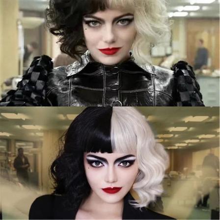 Cruella De Vil -asu peruukki, puoliksi musta ja valkoinen, naisille, cosplay-tarvike, lyhyt aaltoileva bob-peruukki Halloween-juhliin, otsatukka