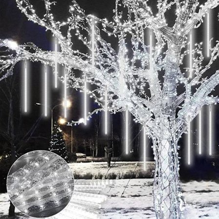 Rosnek Valo-Viuhka 288LED Meteori Sateen Valo Ulko-/Sisätiloihin, 50cm 8 Putkea, Joulukuusi Juhla Koristelemiseen (Valkoinen)