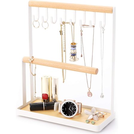 Smykkeholder i tre nivåer, bordstativ for halskjeder med smykkeskuff i bunnen, ørepyntstativ