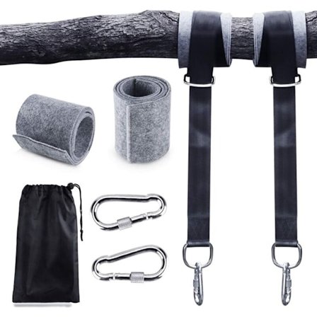 Fastgørelse til gynge, hængekøje fastgørelse, fastgørelsessæt til hængestol med maks. 200 kg i rivefast polyester med 2 beskyttelsespuder til skaft og