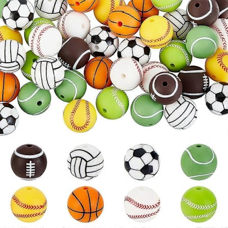 48 stk. 8 Stilarter Sports Silikone Perler Løse Silikone Perler Fodbold Baseball Basketball Rugby Volleyball Tennis Perler