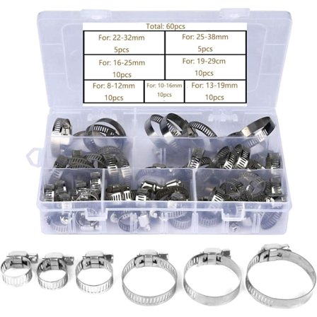 60 stycken storleksjusterbara slangklämmor i rostfritt stål, anslutna slangklämmor (6-38 mm)