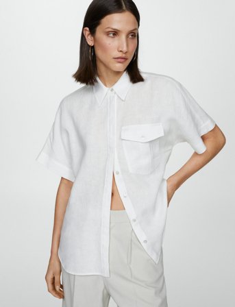 Mango Pocket Linen Shirt - White - XS