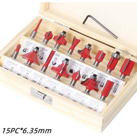 Wolframcarbid fræsersæt 15 stk. 6,35 mm skaft med trææske dobbelt not kompatibel med gør-det-selv håndværk 6 mm skaftdiameter