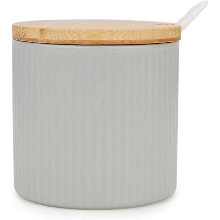 Keramisk Sukkerskål, Sukkerkrukke med Trelokk og Porselensskje 250ml i Stripete Form, Matt Turkis