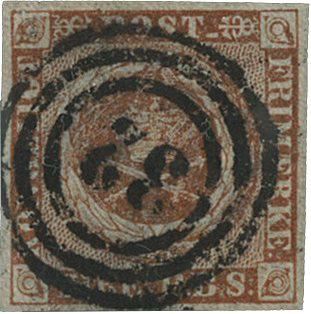 Danmark 1854 - AFA 1 IIIb - Gulbrun - Stemplet