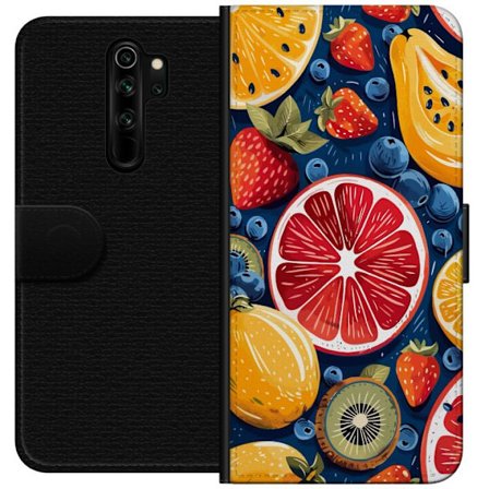 Yhteensopiva Lompakkokotelo Xiaomi Redmi Note 8 Pro Yksityiskohtainen hedelmäkuviointi sitrushedelmistä, kiivistä, mansikoista ja mustikoita tumma