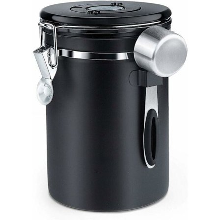 Lufttät kaffeburk kaffebönbehållare med CO2-ventil med måttsked 1,8L (svart)