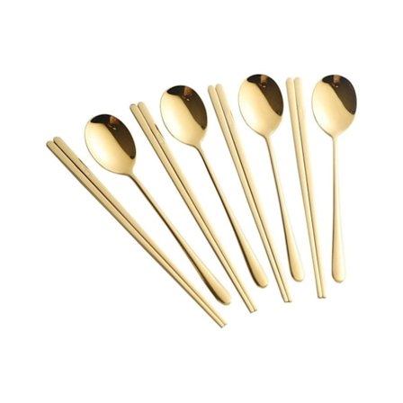 Pinner og skje sett, 4 farger gjenbrukbar metall rustfritt stål koreansk pinner skje sett julegave - gull