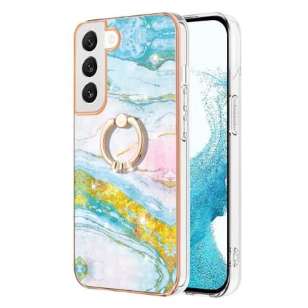 Marble Mønstret Cover med Ring Holder til Samsung Galaxy S22 - Grøn og Gul Marmor Haze Multicolor