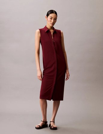 Calvin Klein Sl Crepe Jersey Midi Polo Dress - Burgundy - M