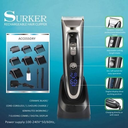 Surker Professional Hair Clipper Elektrisk skäggtrimmer för barn Vuxna EU Plug Black-CHE