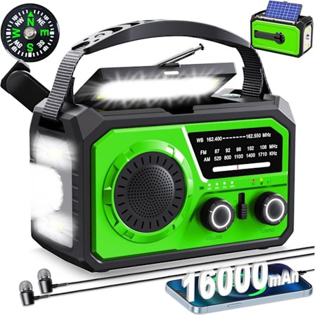 16000Mah Nödradio med Vev, Solceller, Am/Fm/Wb Väderradio och LED-Ficklampa (Grön)