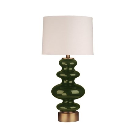 Lasinen pöytävalaisin valkoisella pellavavarjostimella, vihreä ja kulta