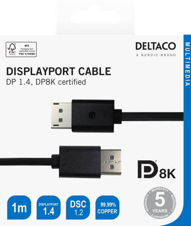 Deltaco DisplayPort cable, 8K, DP 1.4, 1m, black
