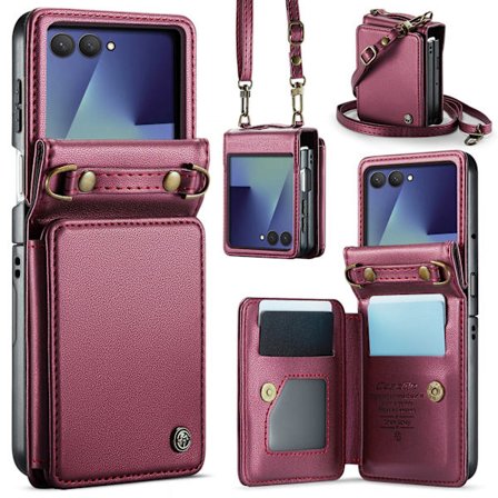 Kompatibel med Z Flip 7 foldbare skærm telefonetuier, cross-body stropper og kortindsatser (Rød)