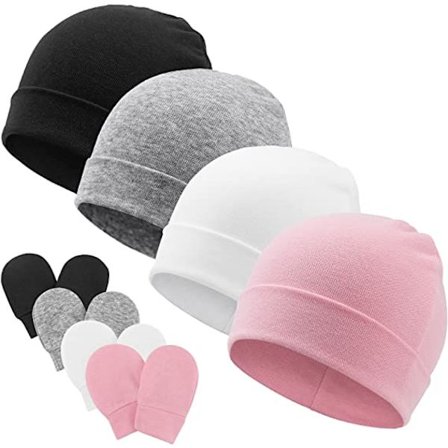 4 stk babylue og babyhansker 0 - 6 måneder (svart, hvit, grå,